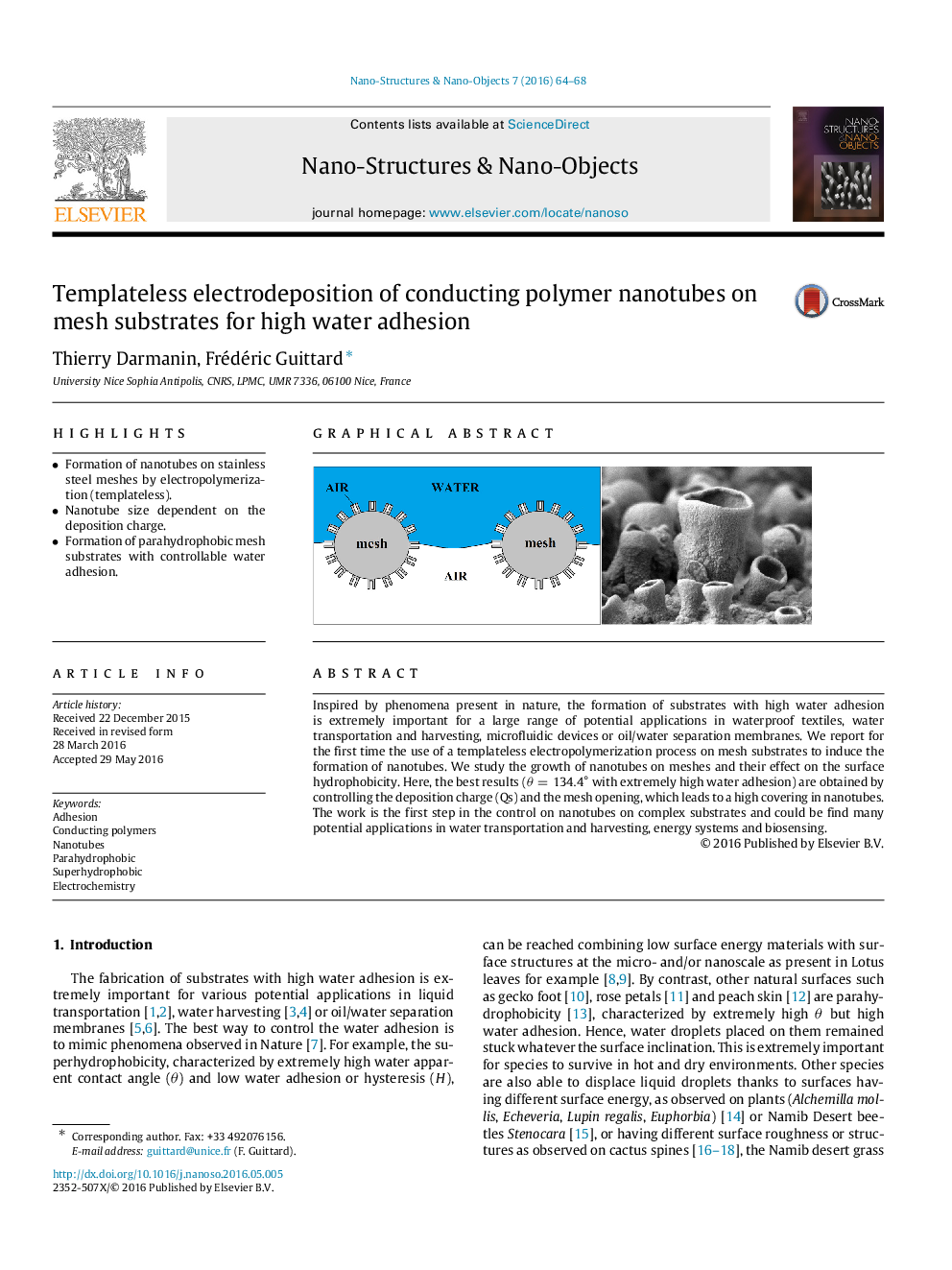 Templateless electrodeposition of conducting polymer nanotubes on mesh substrates for high water adhesion