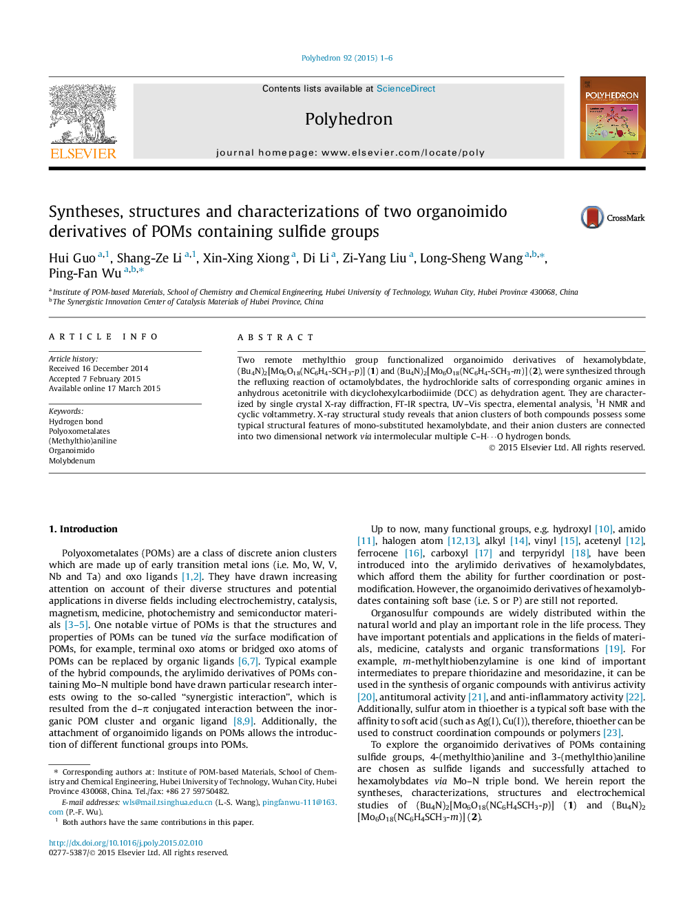 Syntheses, structures and characterizations of two organoimido derivatives of POMs containing sulfide groups