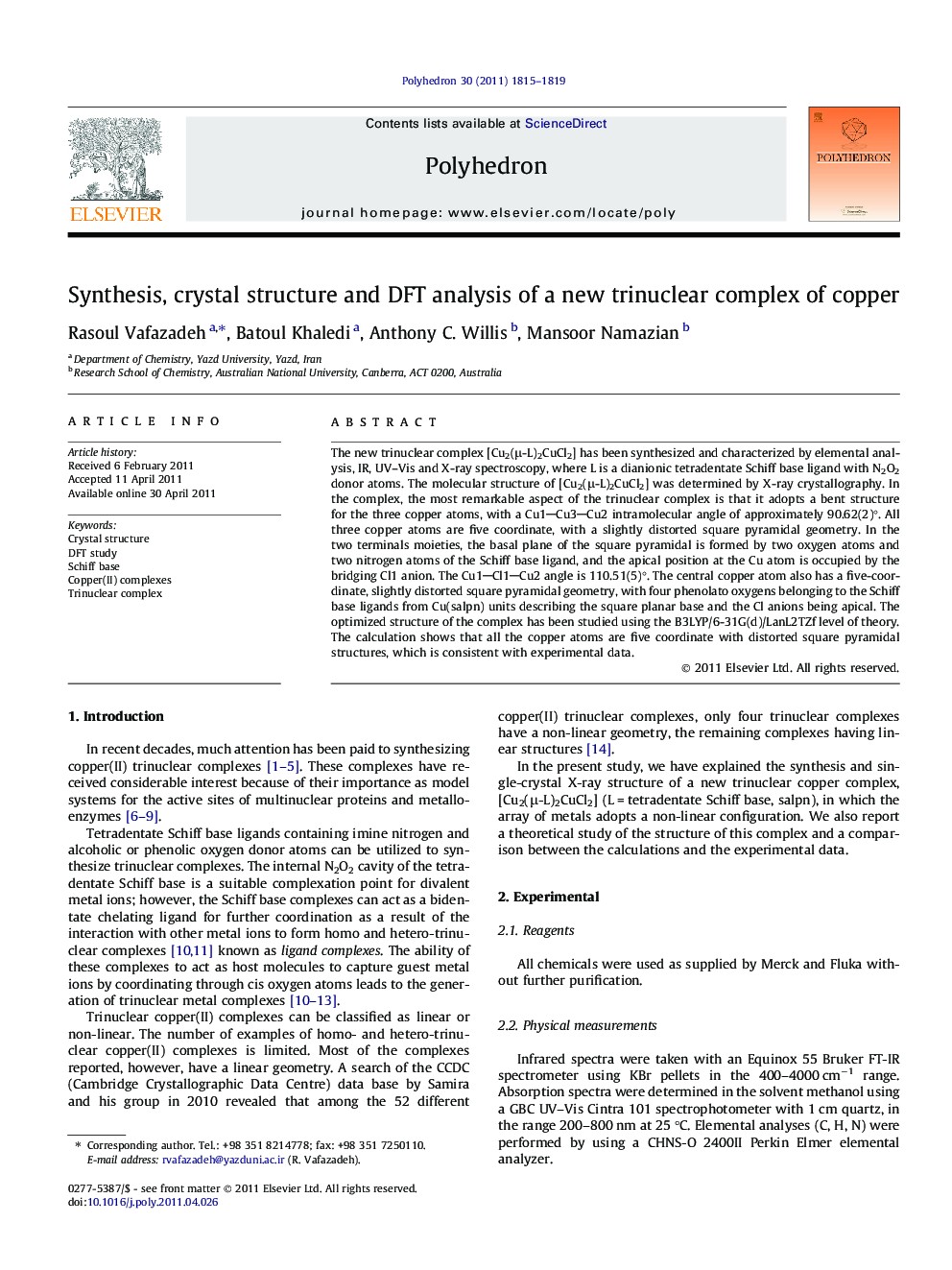 Synthesis, crystal structure and DFT analysis of a new trinuclear complex of copper