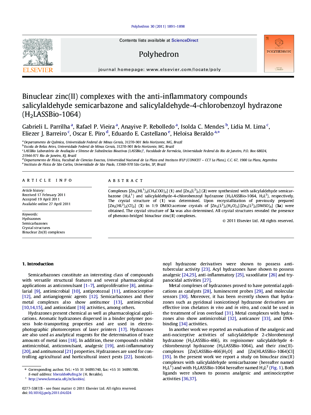 Binuclear zinc(II) complexes with the anti-inflammatory compounds salicylaldehyde semicarbazone and salicylaldehyde-4-chlorobenzoyl hydrazone (H2LASSBio-1064)