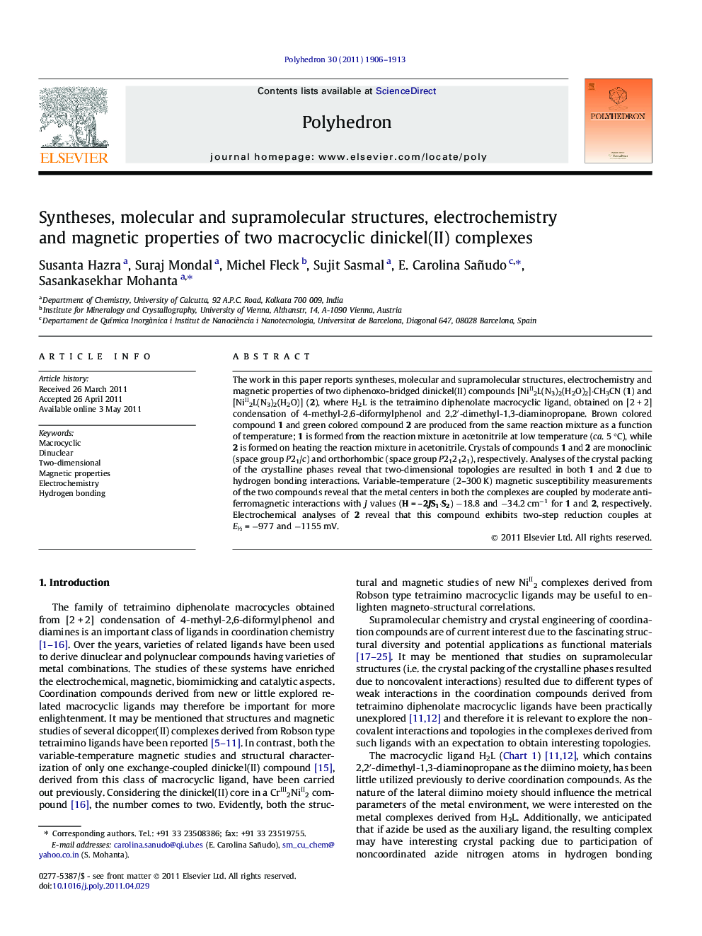 Syntheses, molecular and supramolecular structures, electrochemistry and magnetic properties of two macrocyclic dinickel(II) complexes