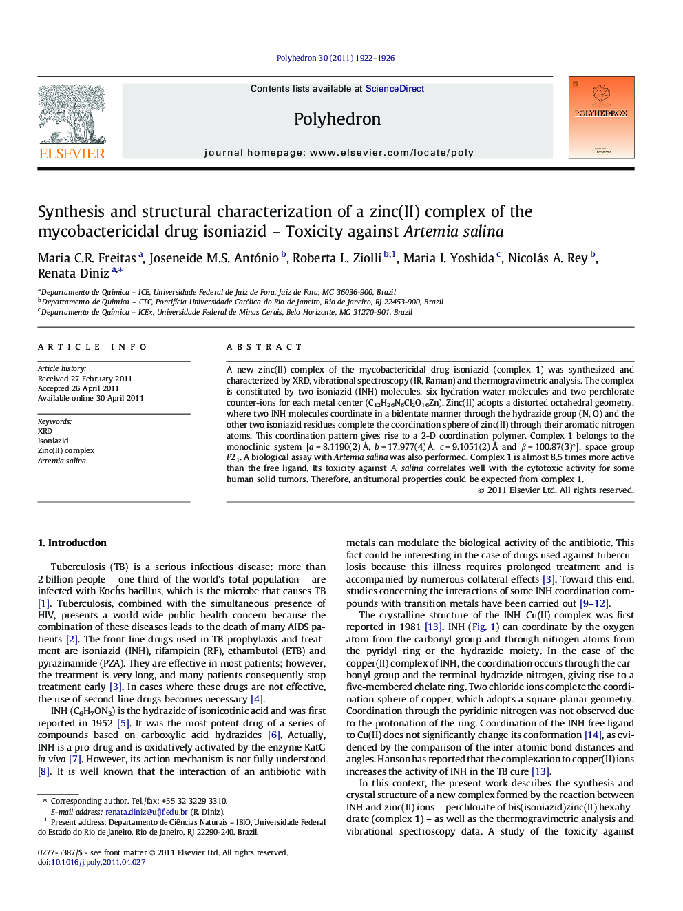 Synthesis and structural characterization of a zinc(II) complex of the mycobactericidal drug isoniazid – Toxicity against Artemia salina