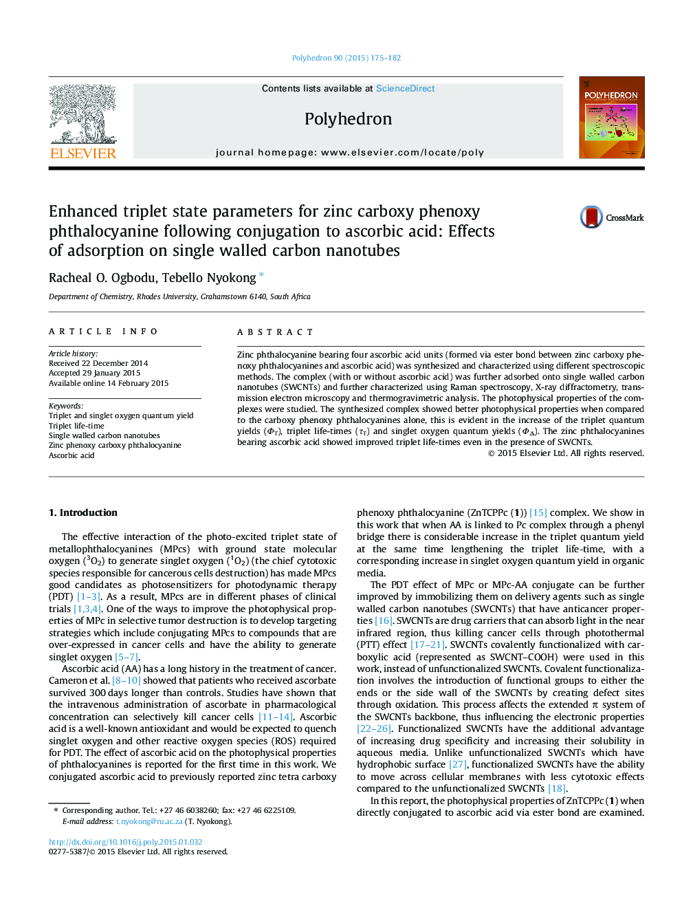 Enhanced triplet state parameters for zinc carboxy phenoxy phthalocyanine following conjugation to ascorbic acid: Effects of adsorption on single walled carbon nanotubes