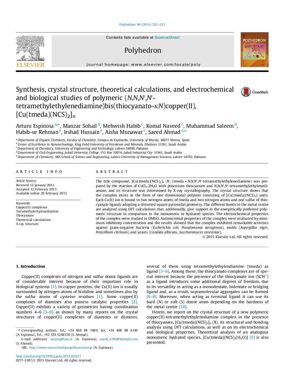 Synthesis, crystal structure, theoretical calculations, and electrochemical and biological studies of polymeric (N,N,N′,N′-tetramethylethylenediamine)bis(thiocyanato-κN)copper(II), [Cu(tmeda)(NCS)2]n