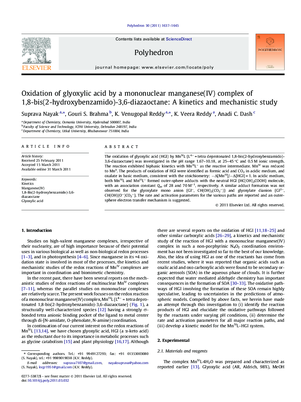 Oxidation of glyoxylic acid by a mononuclear manganese(IV) complex of 1,8-bis(2-hydroxybenzamido)-3,6-diazaoctane: A kinetics and mechanistic study