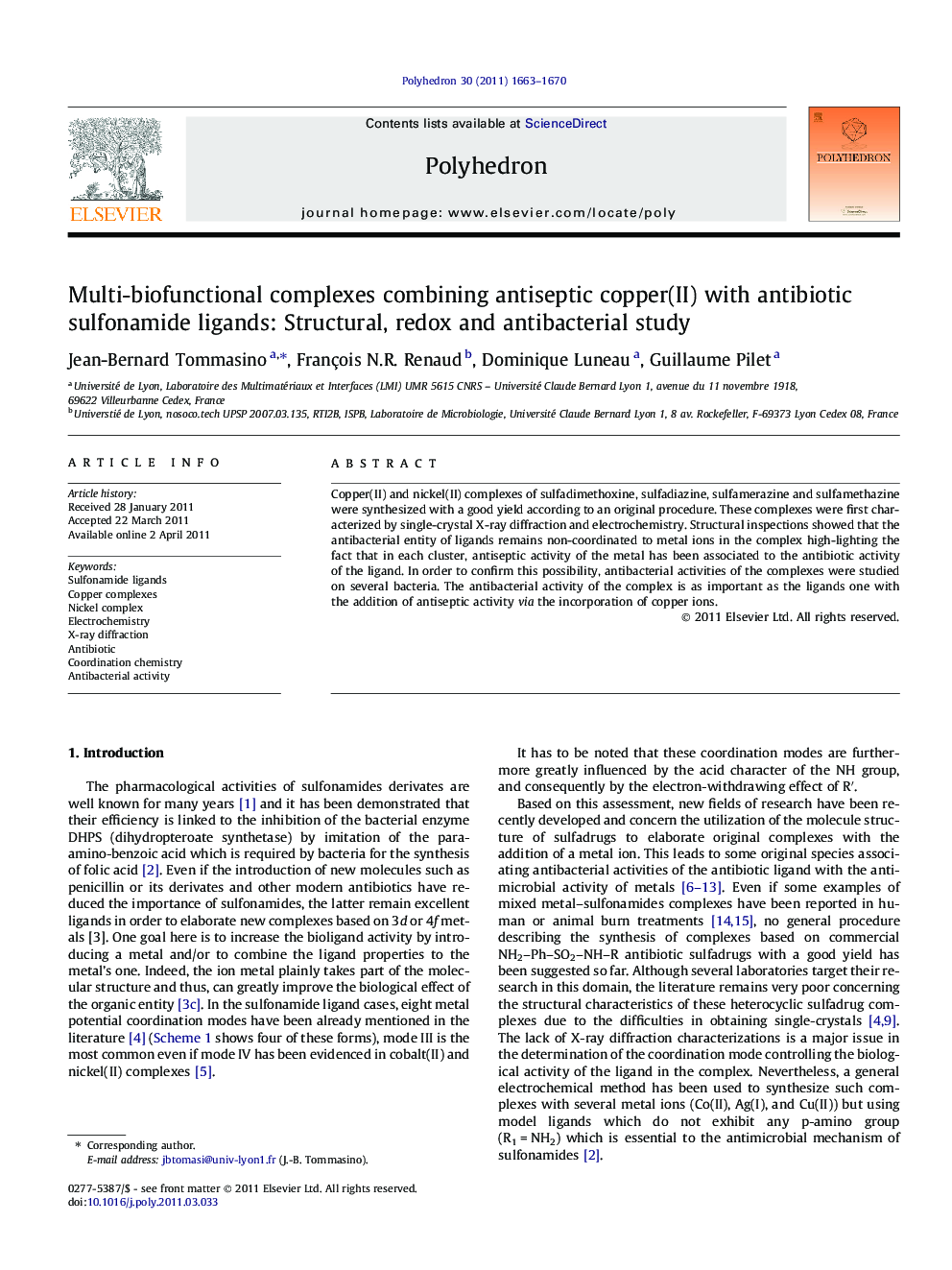 Multi-biofunctional complexes combining antiseptic copper(II) with antibiotic sulfonamide ligands: Structural, redox and antibacterial study