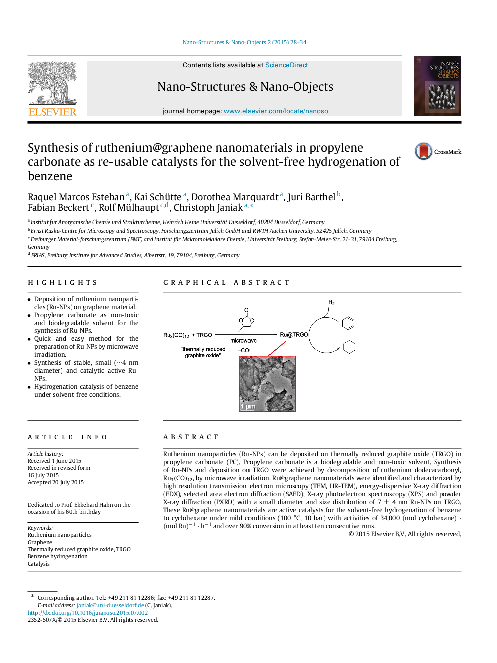 سنتز نانومواد روتنیم گرافن در کربنات پروپیلن به عنوان کاتالیزورهای قابل استفاده مجدد برای هیدروژناسیون کردن بنزن بدون حلال 