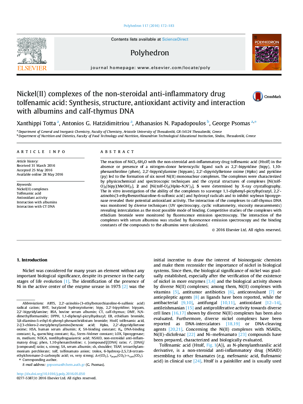 Nickel(II) complexes of the non-steroidal anti-inflammatory drug tolfenamic acid: Synthesis, structure, antioxidant activity and interaction with albumins and calf-thymus DNA