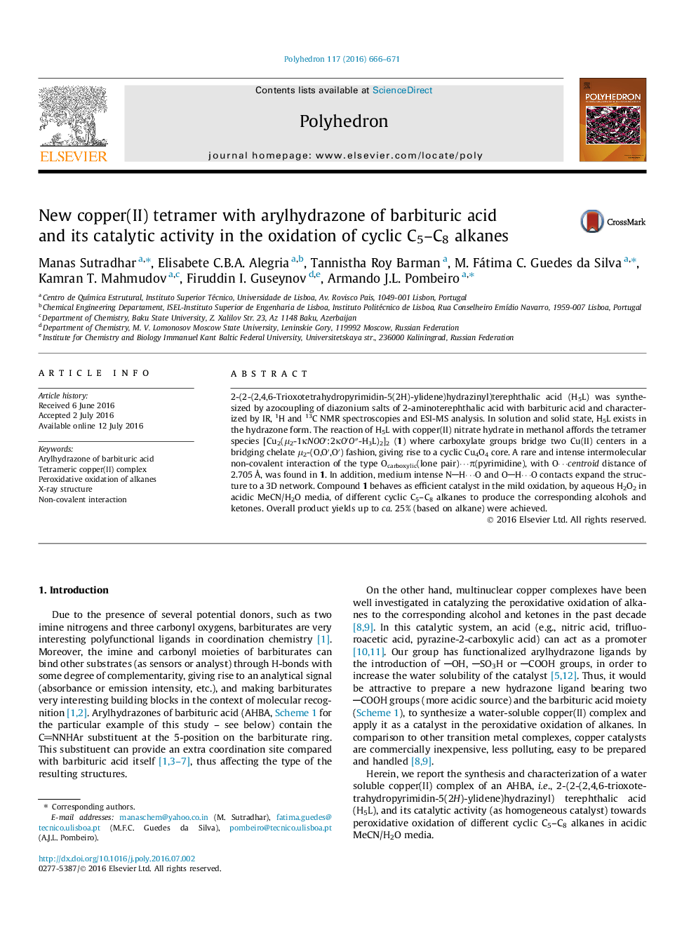 New copper(II) tetramer with arylhydrazone of barbituric acid and its catalytic activity in the oxidation of cyclic C5–C8 alkanes