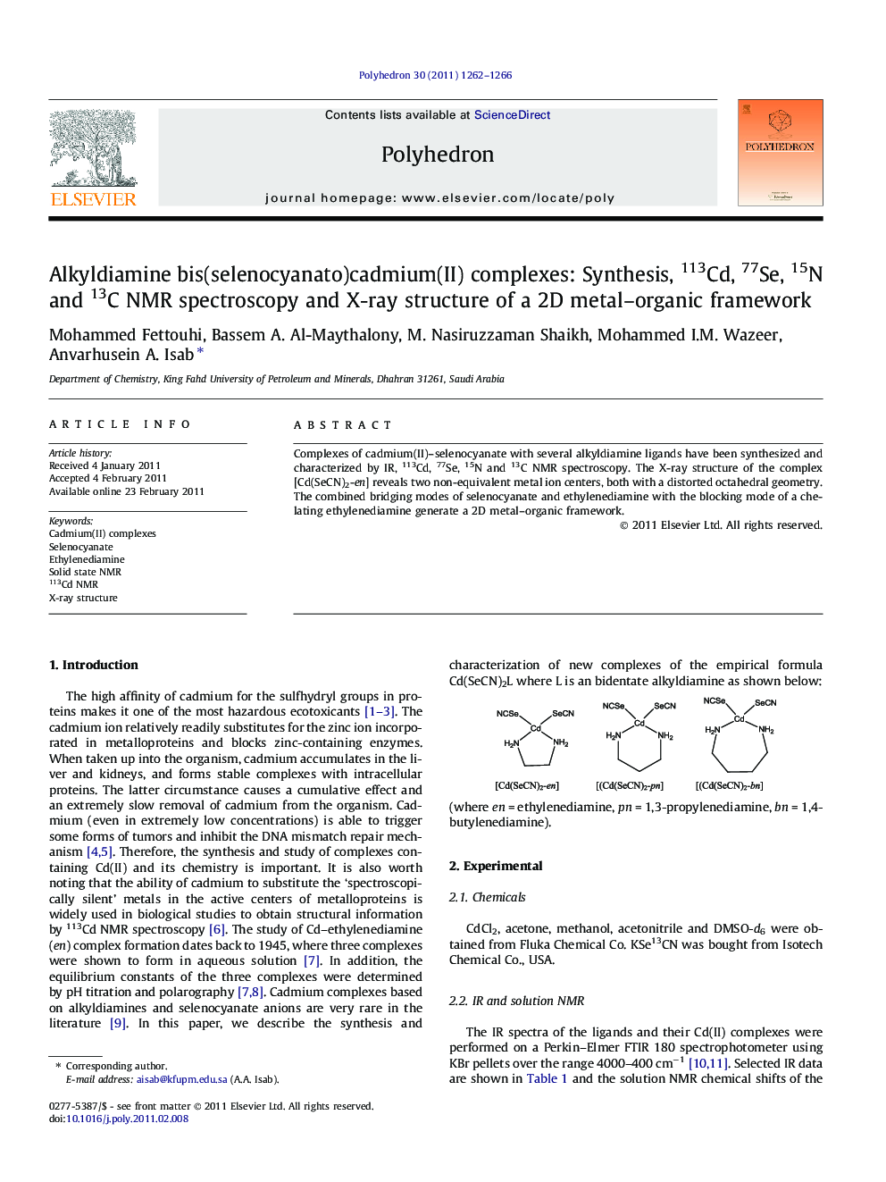 Alkyldiamine bis(selenocyanato)cadmium(II) complexes: Synthesis, 113Cd, 77Se, 15N and 13C NMR spectroscopy and X-ray structure of a 2D metal–organic framework