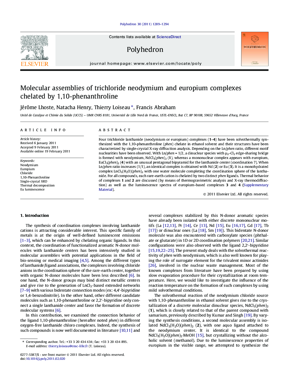 Molecular assemblies of trichloride neodymium and europium complexes chelated by 1,10-phenanthroline