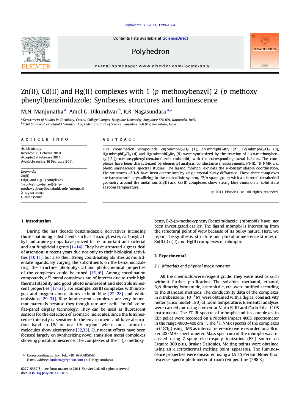 Zn(II), Cd(II) and Hg(II) complexes with 1-(p-methoxybenzyl)-2-(p-methoxyphenyl)benzimidazole: Syntheses, structures and luminescence