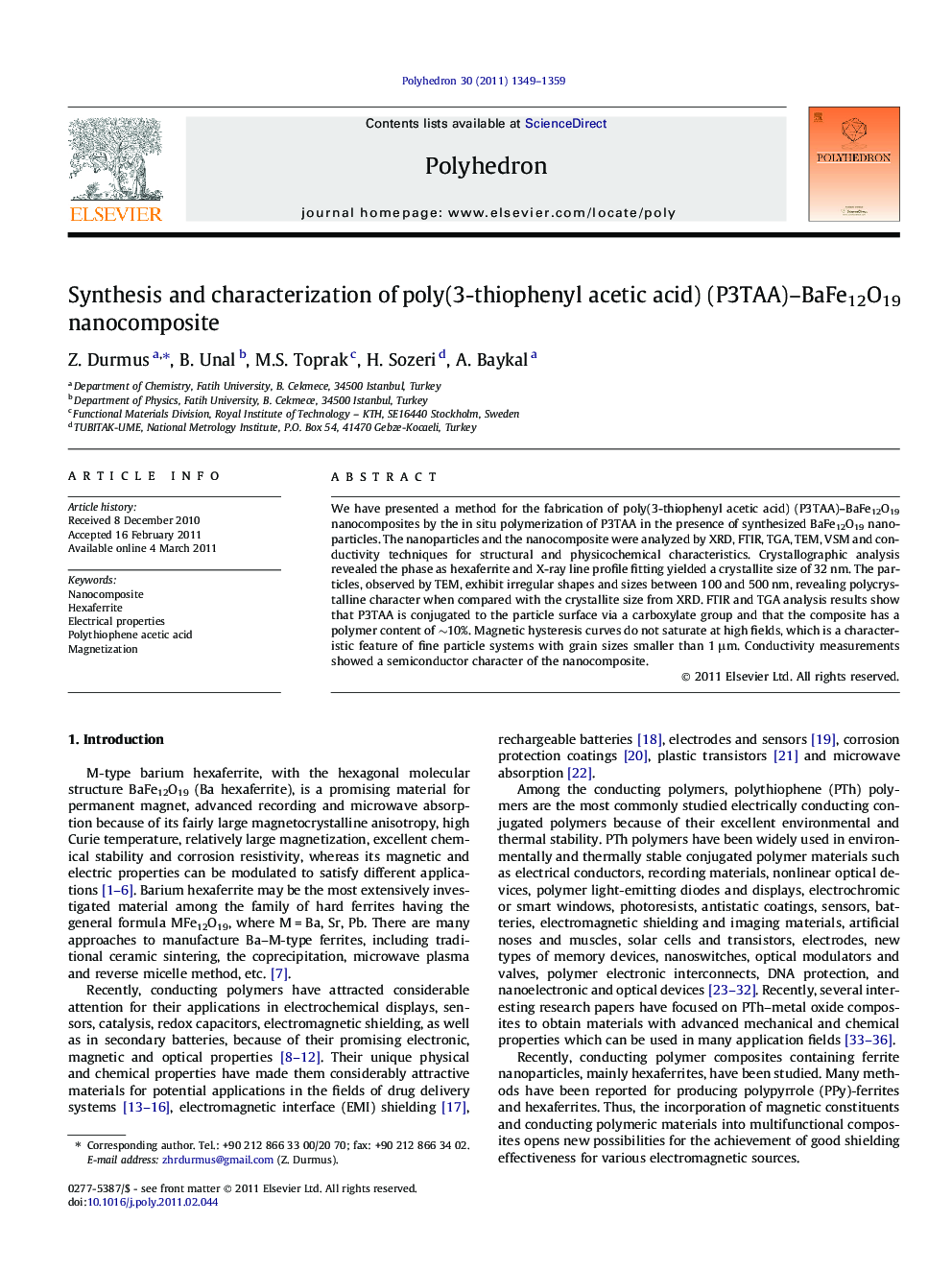 Synthesis and characterization of poly(3-thiophenyl acetic acid) (P3TAA)–BaFe12O19 nanocomposite