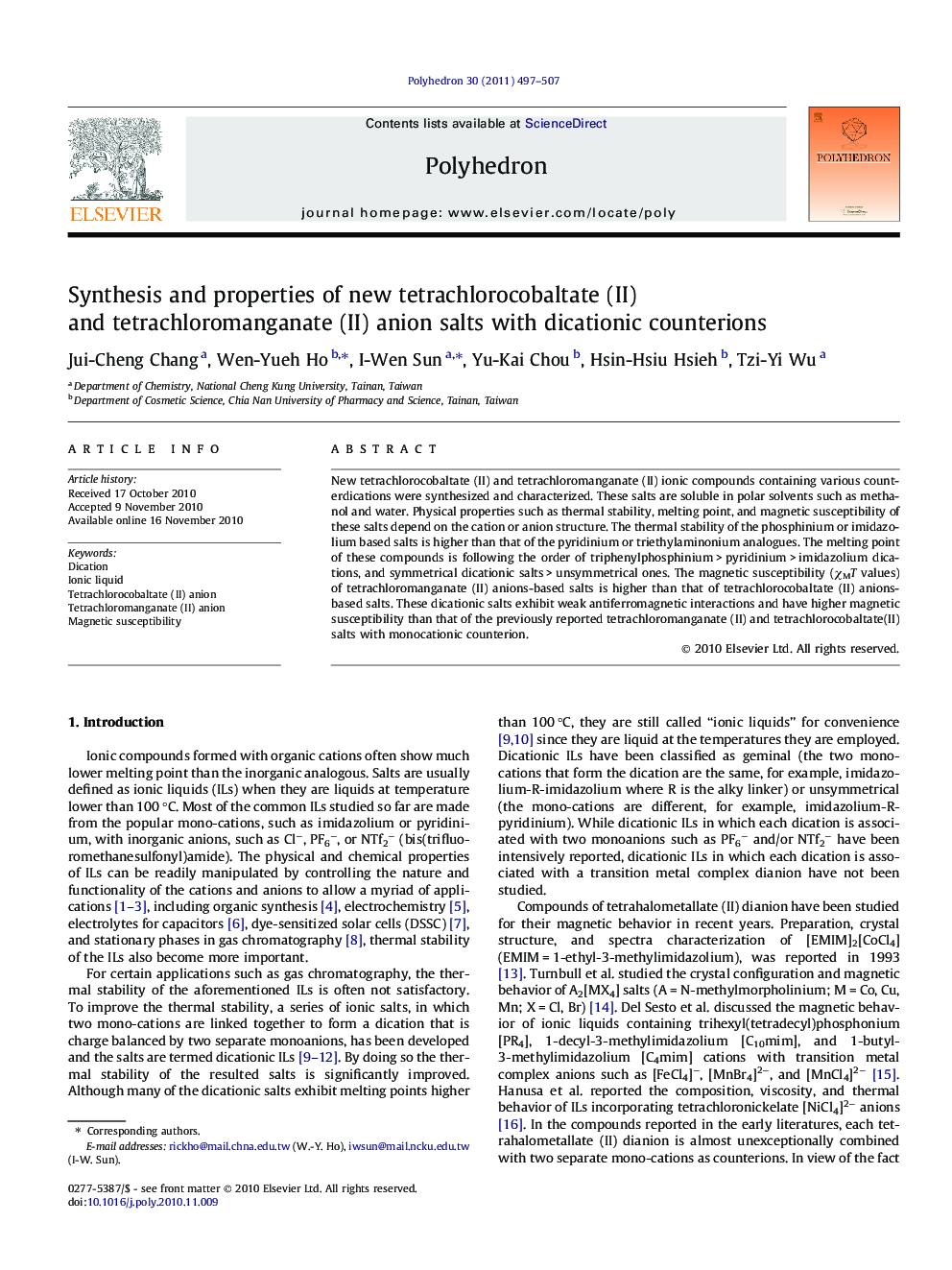 Synthesis and properties of new tetrachlorocobaltate (II) and tetrachloromanganate (II) anion salts with dicationic counterions