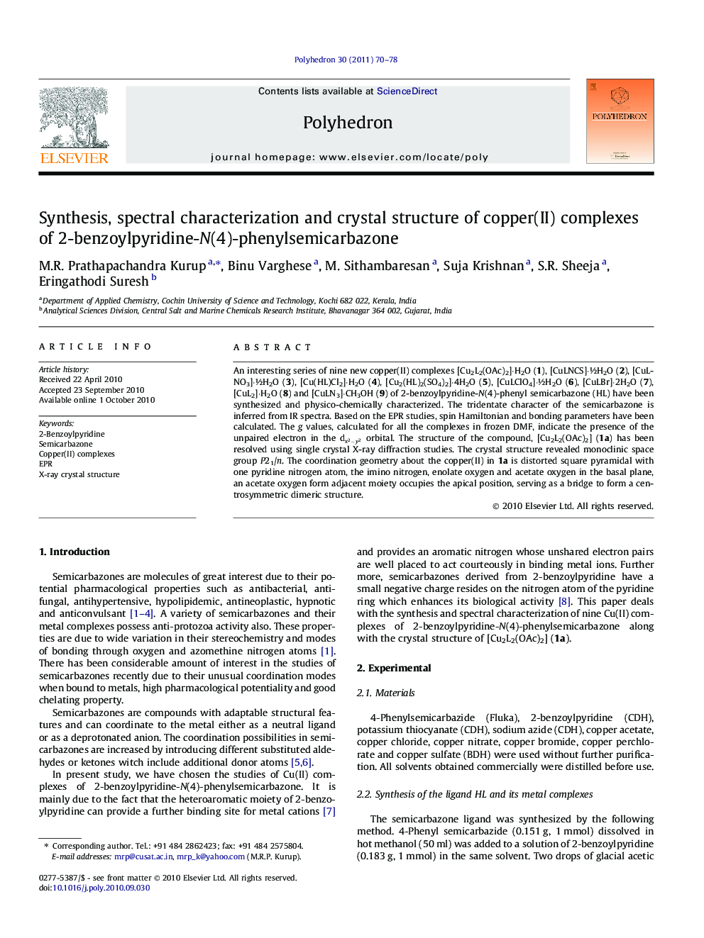 Synthesis, spectral characterization and crystal structure of copper(II) complexes of 2-benzoylpyridine-N(4)-phenylsemicarbazone