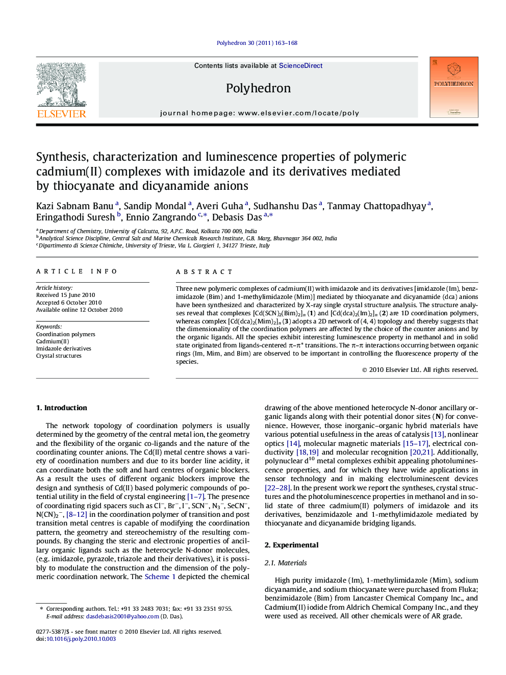 Synthesis, characterization and luminescence properties of polymeric cadmium(II) complexes with imidazole and its derivatives mediated by thiocyanate and dicyanamide anions