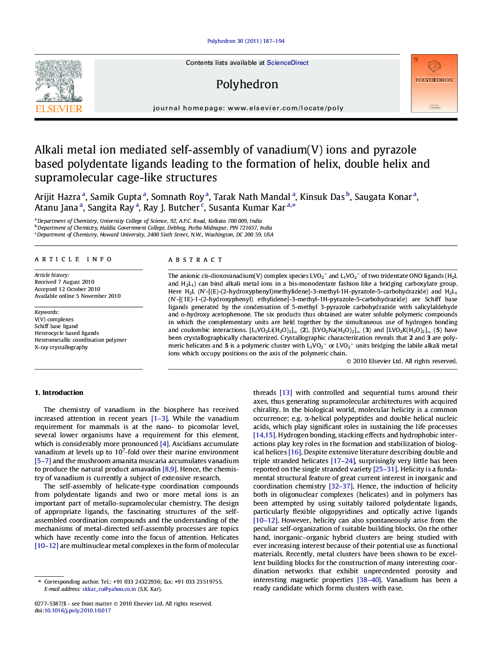 Alkali metal ion mediated self-assembly of vanadium(V) ions and pyrazole based polydentate ligands leading to the formation of helix, double helix and supramolecular cage-like structures