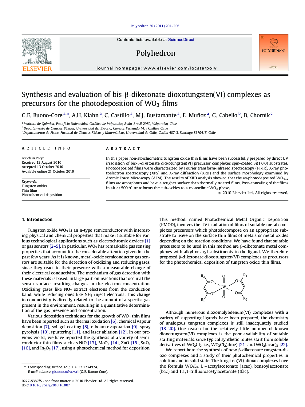 Synthesis and evaluation of bis-β-diketonate dioxotungsten(VI) complexes as precursors for the photodeposition of WO3 films