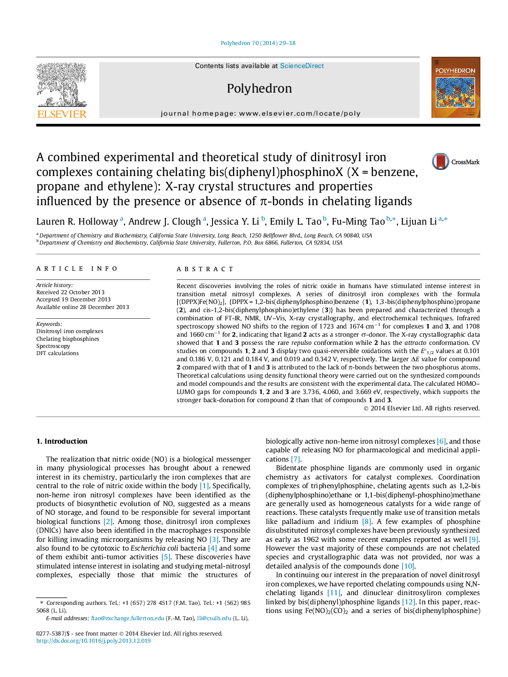 A combined experimental and theoretical study of dinitrosyl iron complexes containing chelating bis(diphenyl)phosphinoX (X = benzene, propane and ethylene): X-ray crystal structures and properties influenced by the presence or absence of π-bonds in chelat