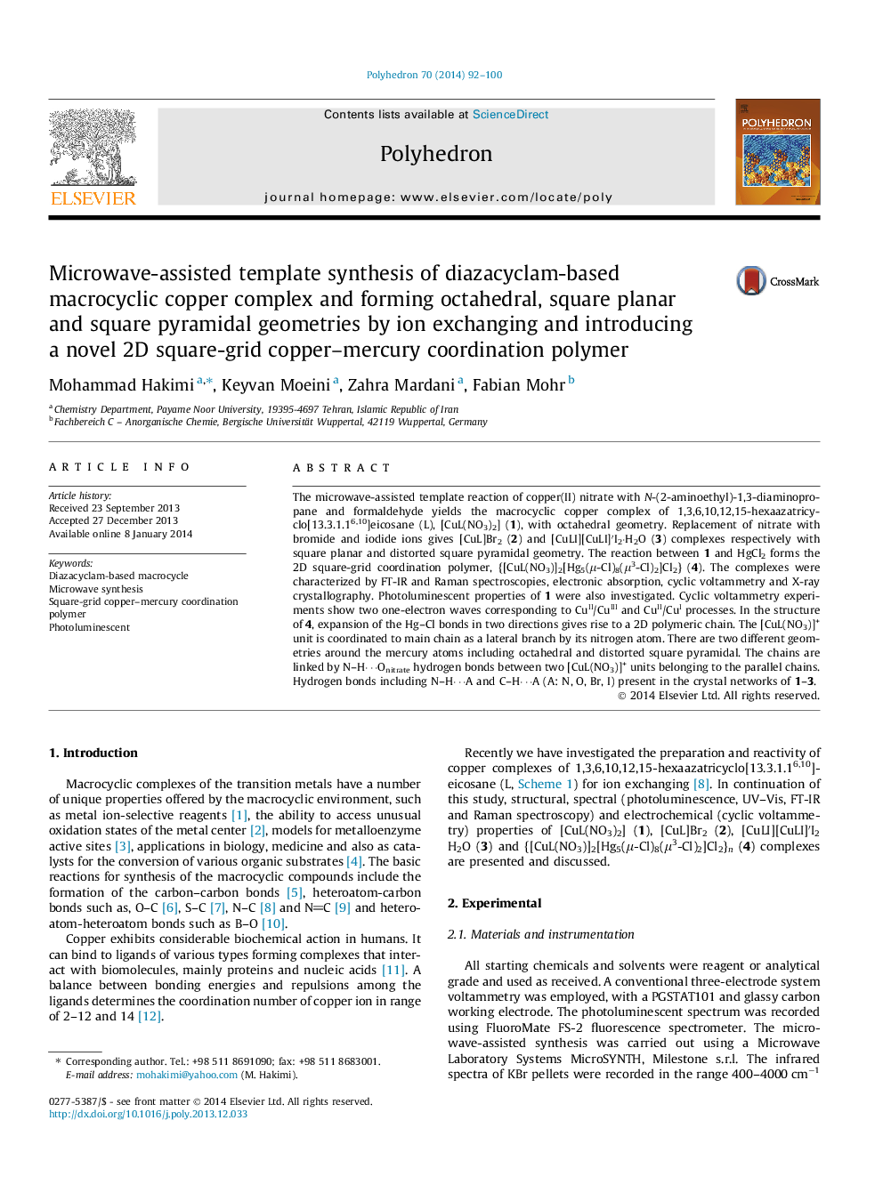 Microwave-assisted template synthesis of diazacyclam-based macrocyclic copper complex and forming octahedral, square planar and square pyramidal geometries by ion exchanging and introducing a novel 2D square-grid copper–mercury coordination polymer