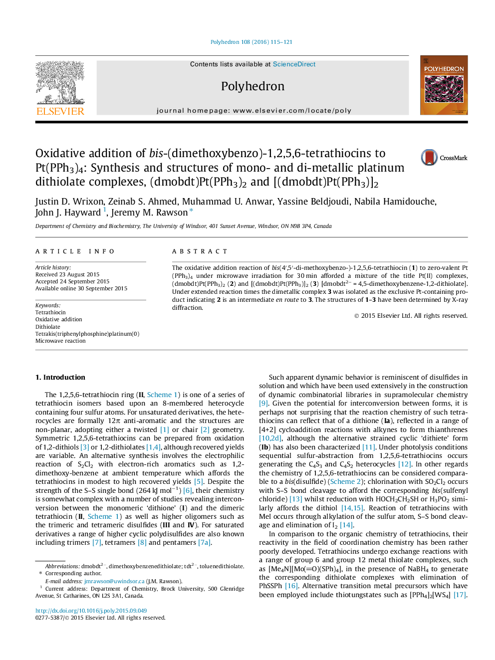 Oxidative addition of bis-(dimethoxybenzo)-1,2,5,6-tetrathiocins to Pt(PPh3)4: Synthesis and structures of mono- and di-metallic platinum dithiolate complexes, (dmobdt)Pt(PPh3)2 and [(dmobdt)Pt(PPh3)]2