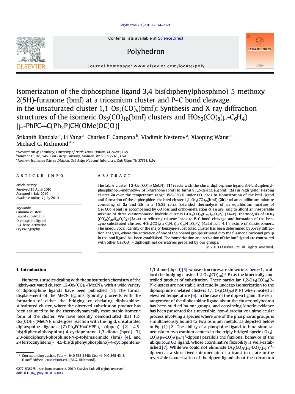 Isomerization of the diphosphine ligand 3,4-bis(diphenylphosphino)-5-methoxy-2(5H)-furanone (bmf) at a triosmium cluster and P-C bond cleavage in the unsaturated cluster 1,1-Os3(CO)9(bmf): Synthesis and X-ray diffraction structures of the isomeric Os3(CO)