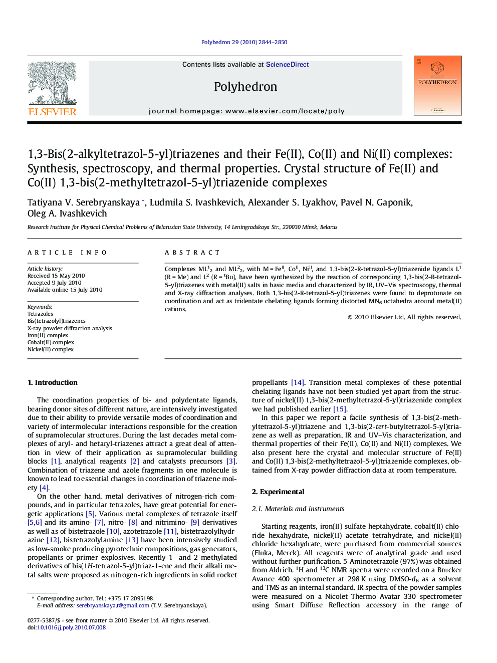 1,3-Bis(2-alkyltetrazol-5-yl)triazenes and their Fe(II), Co(II) and Ni(II) complexes: Synthesis, spectroscopy, and thermal properties. Crystal structure of Fe(II) and Co(II) 1,3-bis(2-methyltetrazol-5-yl)triazenide complexes