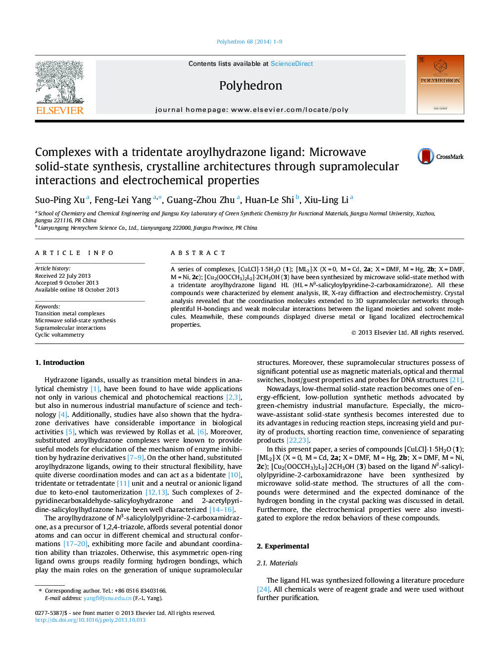 عکس صفحه اول مقاله: Complexes with a tridentate aroylhydrazone ligand: Microwave solid-state synthesis, crystalline architectures through supramolecular interactions and electrochemical properties Complexes with a tridentate aroylhydrazone ligand: Microwave solid-state synthesis, crystalline architectures through supramolecular interactions and electrochemical properties