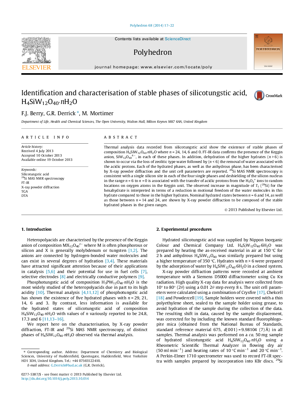 Identification and characterisation of stable phases of silicotungstic acid, H4SiW12O40·nH2O