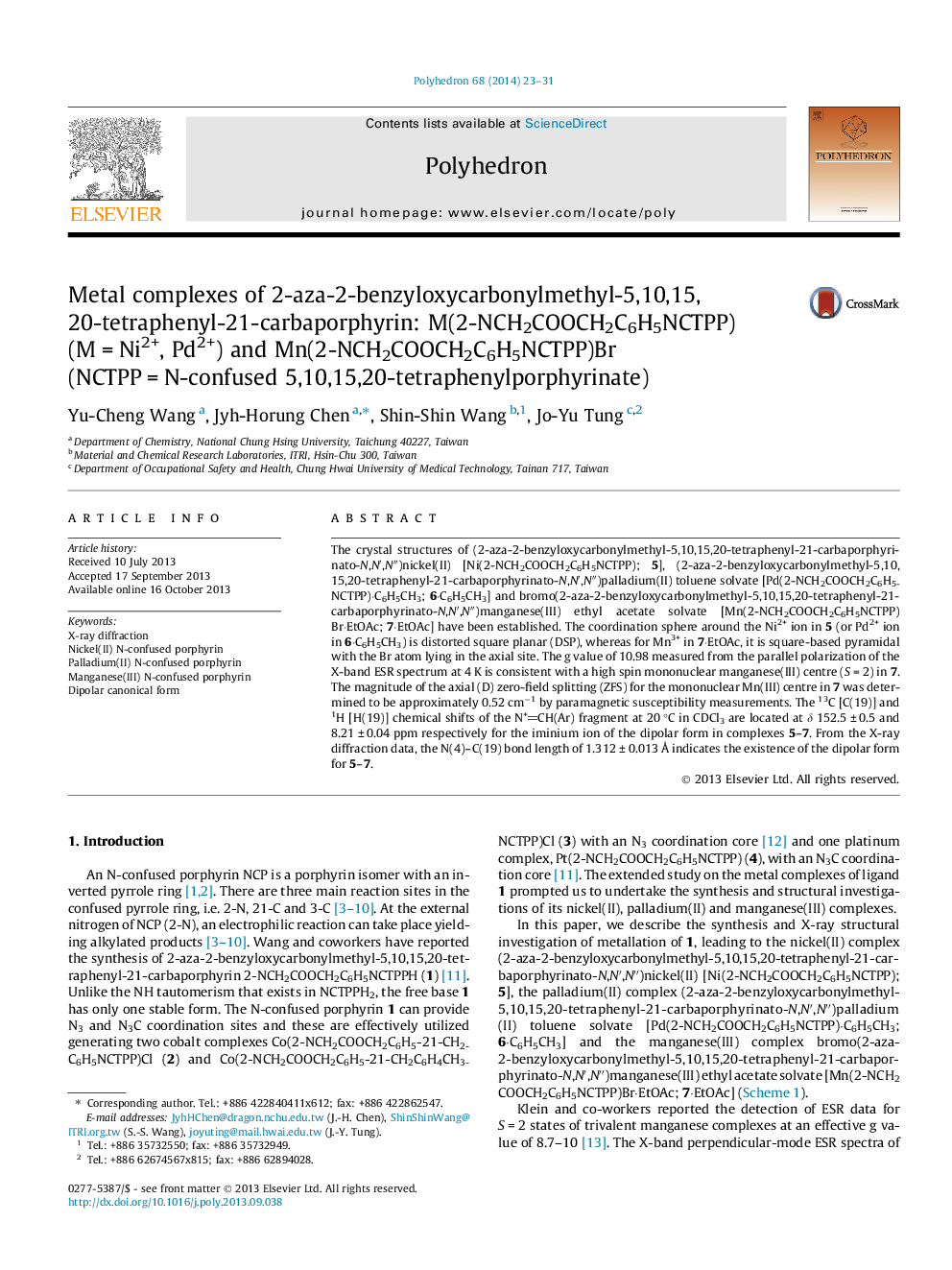 Metal complexes of 2-aza-2-benzyloxycarbonylmethyl-5,10,15,20-tetraphenyl-21-carbaporphyrin: M(2-NCH2COOCH2C6H5NCTPP) (M = Ni2+, Pd2+) and Mn(2-NCH2COOCH2C6H5NCTPP)Br (NCTPP = N-confused 5,10,15,20-tetraphenylporphyrinate)