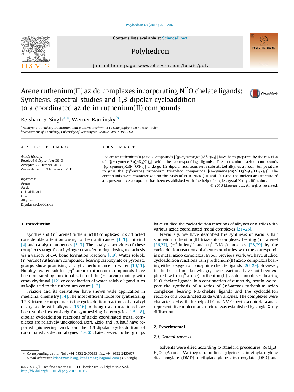 Arene ruthenium(II) azido complexes incorporating N⋂O chelate ligands: Synthesis, spectral studies and 1,3-dipolar-cycloaddition to a coordinated azide in ruthenium(II) compounds