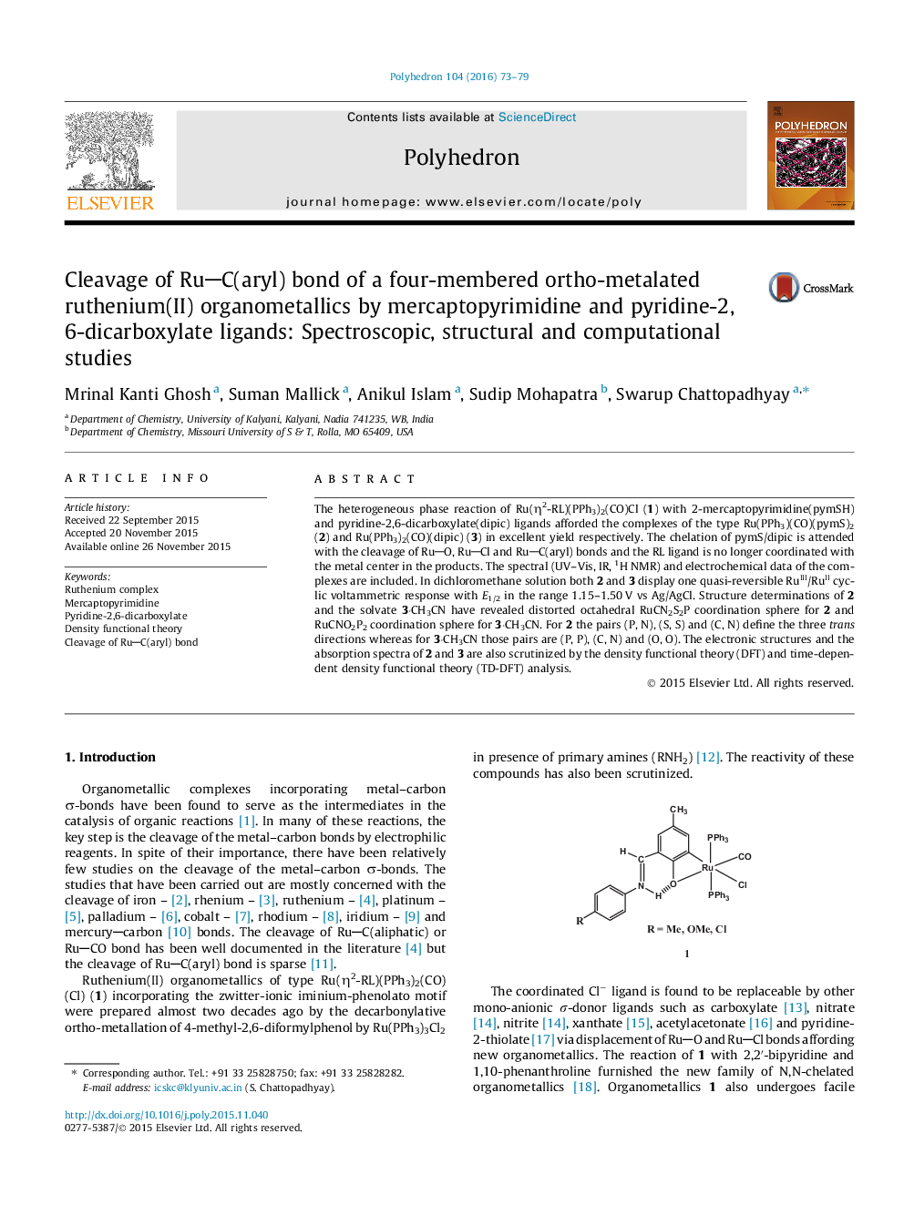 Cleavage of RuC(aryl) bond of a four-membered ortho-metalated ruthenium(II) organometallics by mercaptopyrimidine and pyridine-2,6-dicarboxylate ligands: Spectroscopic, structural and computational studies