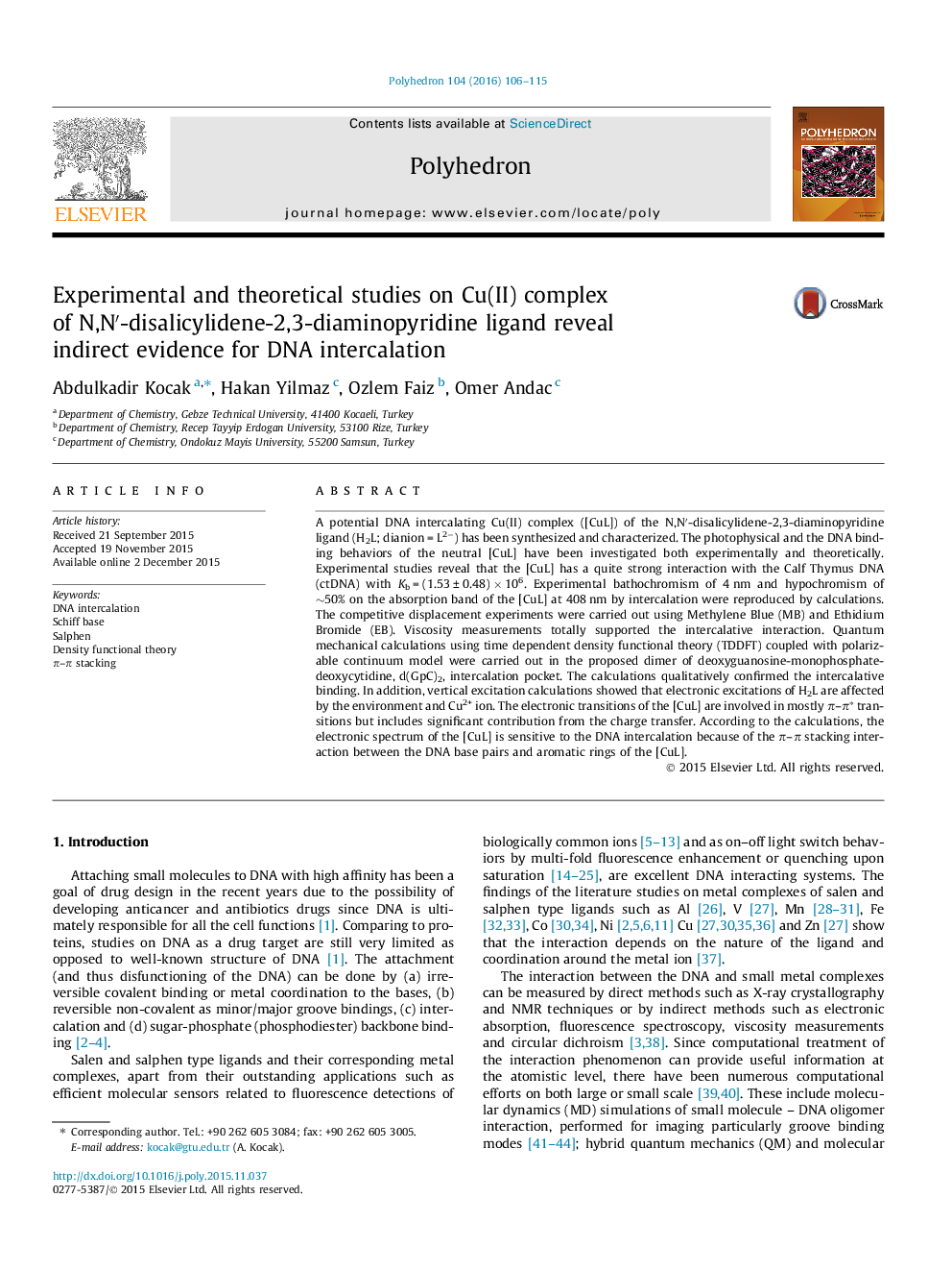 Experimental and theoretical studies on Cu(II) complex of N,N′-disalicylidene-2,3-diaminopyridine ligand reveal indirect evidence for DNA intercalation