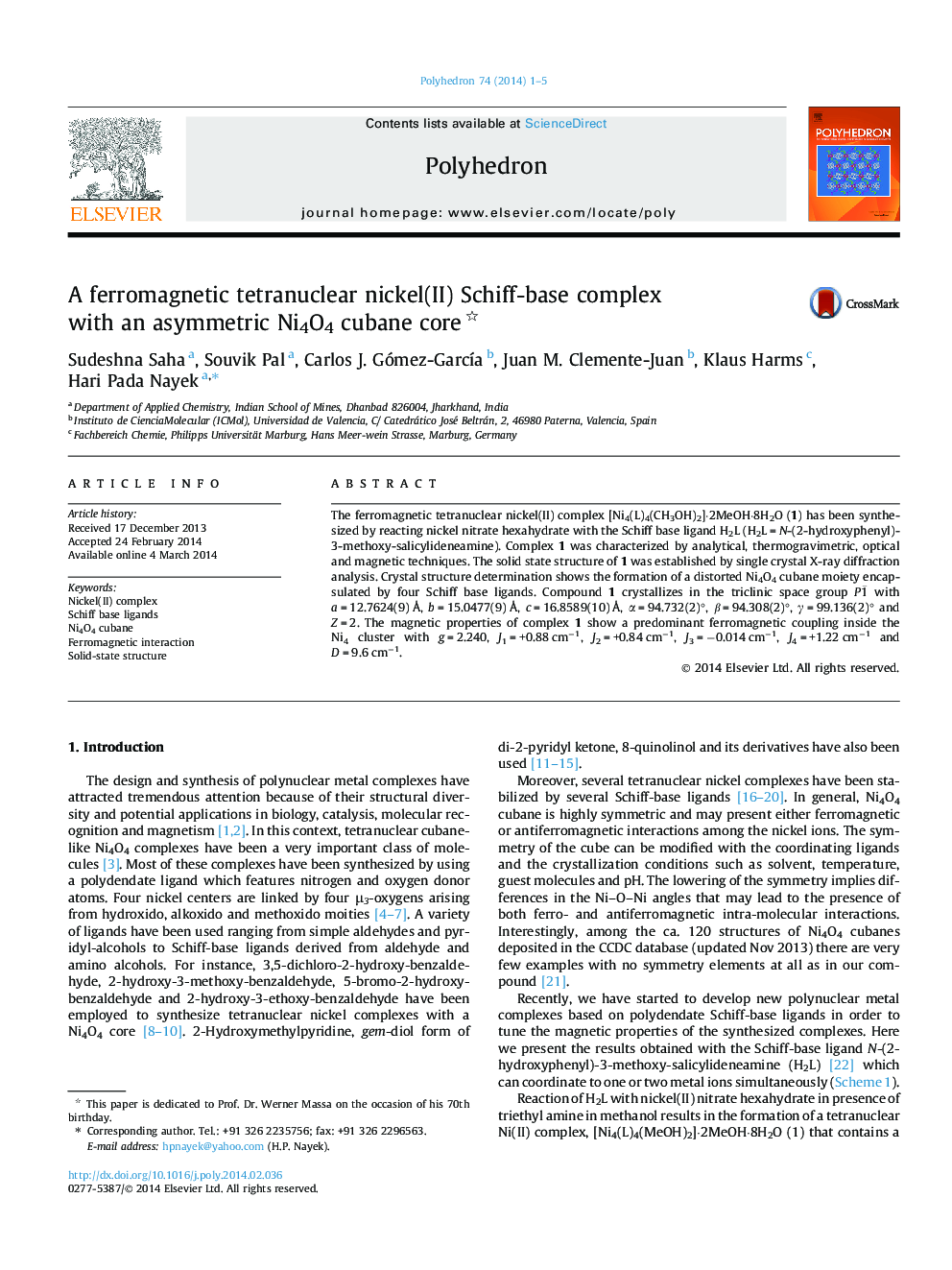 A ferromagnetic tetranuclear nickel(II) Schiff-base complex with an asymmetric Ni4O4 cubane core 