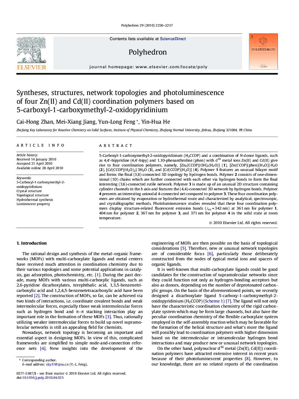 Syntheses, structures, network topologies and photoluminescence of four Zn(II) and Cd(II) coordination polymers based on 5-carboxyl-1-carboxymethyl-2-oxidopyridinium