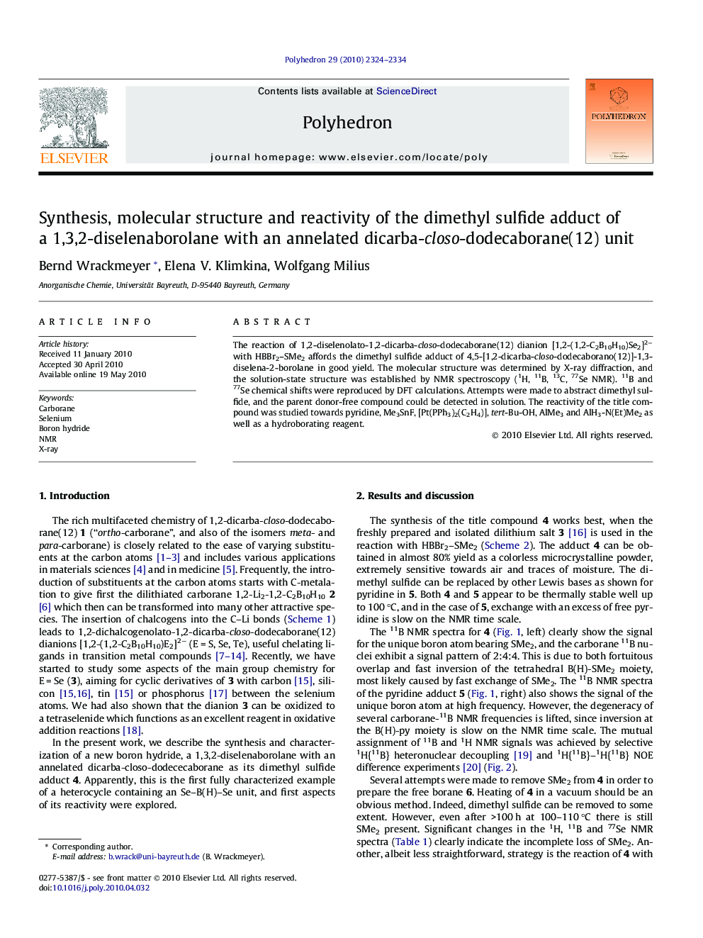 Synthesis, molecular structure and reactivity of the dimethyl sulfide adduct of a 1,3,2-diselenaborolane with an annelated dicarba-closo-dodecaborane(12) unit