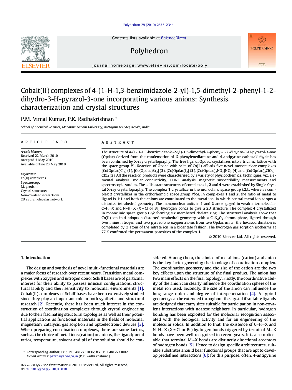 عکس صفحه اول مقاله: Cobalt(II) complexes of 4-(1-H-1,3-benzimidazole-2-yl)-1,5-dimethyl-2-phenyl-1-2-dihydro-3-H-pyrazol-3-one incorporating various anions: Synthesis, characterization and crystal structures Cobalt(II) complexes of 4-(1-H-1,3-benzimidazole-2-yl)-1,5-dimethyl-2-phenyl-1-2-dihydro-3-H-pyrazol-3-one incorporating various anions: Synthesis, characterization and crystal structures