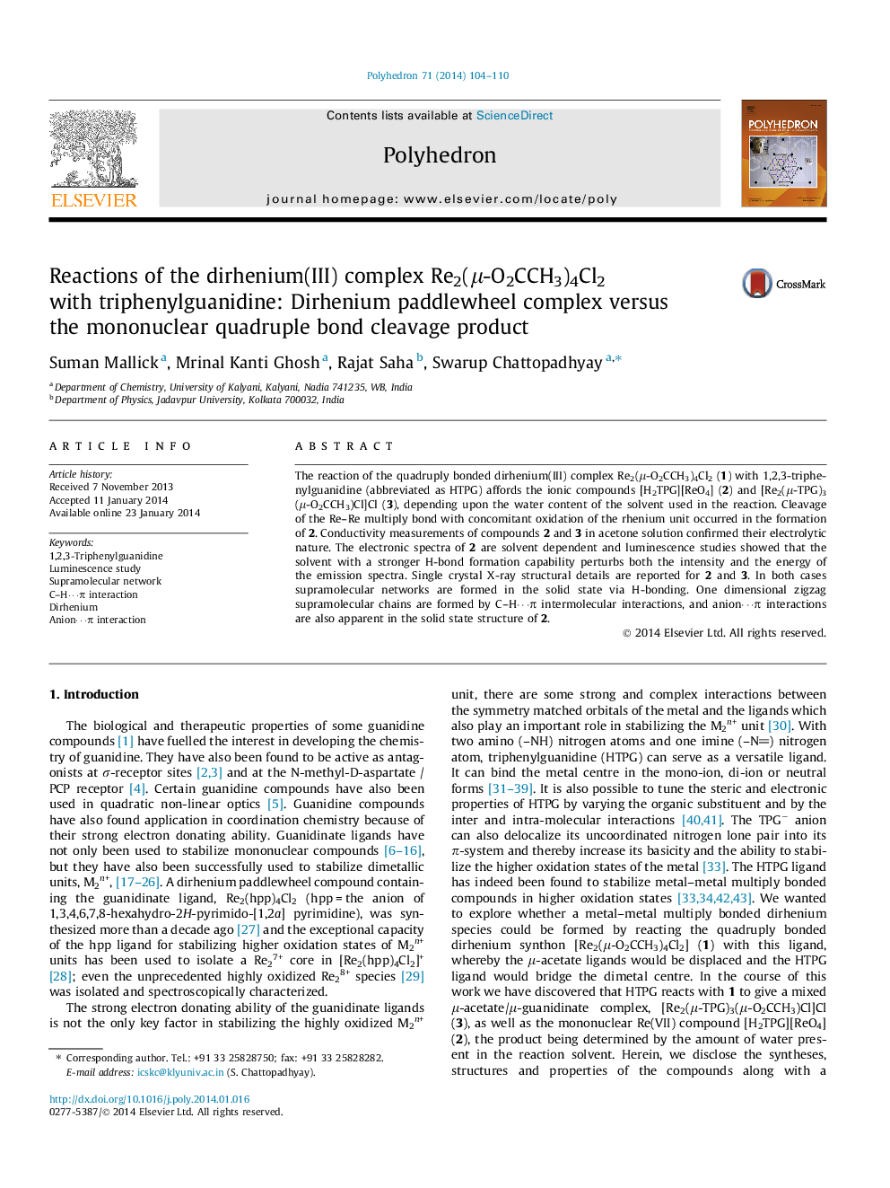 عکس صفحه اول مقاله: Reactions of the dirhenium(III) complex Re2(μ-O2CCH3)4Cl2 with triphenylguanidine: Dirhenium paddlewheel complex versus the mononuclear quadruple bond cleavage product Reactions of the dirhenium(III) complex Re2(μ-O2CCH3)4Cl2 with triphenylguanidine: Dirhenium paddlewheel complex versus the mononuclear quadruple bond cleavage product