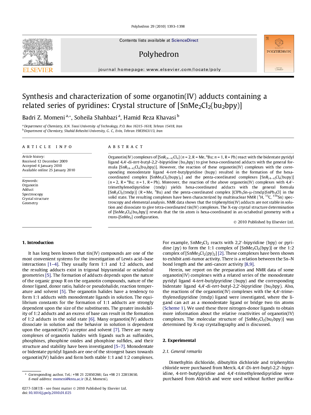 Synthesis and characterization of some organotin(IV) adducts containing a related series of pyridines: Crystal structure of [SnMe2Cl2(bu2bpy)]