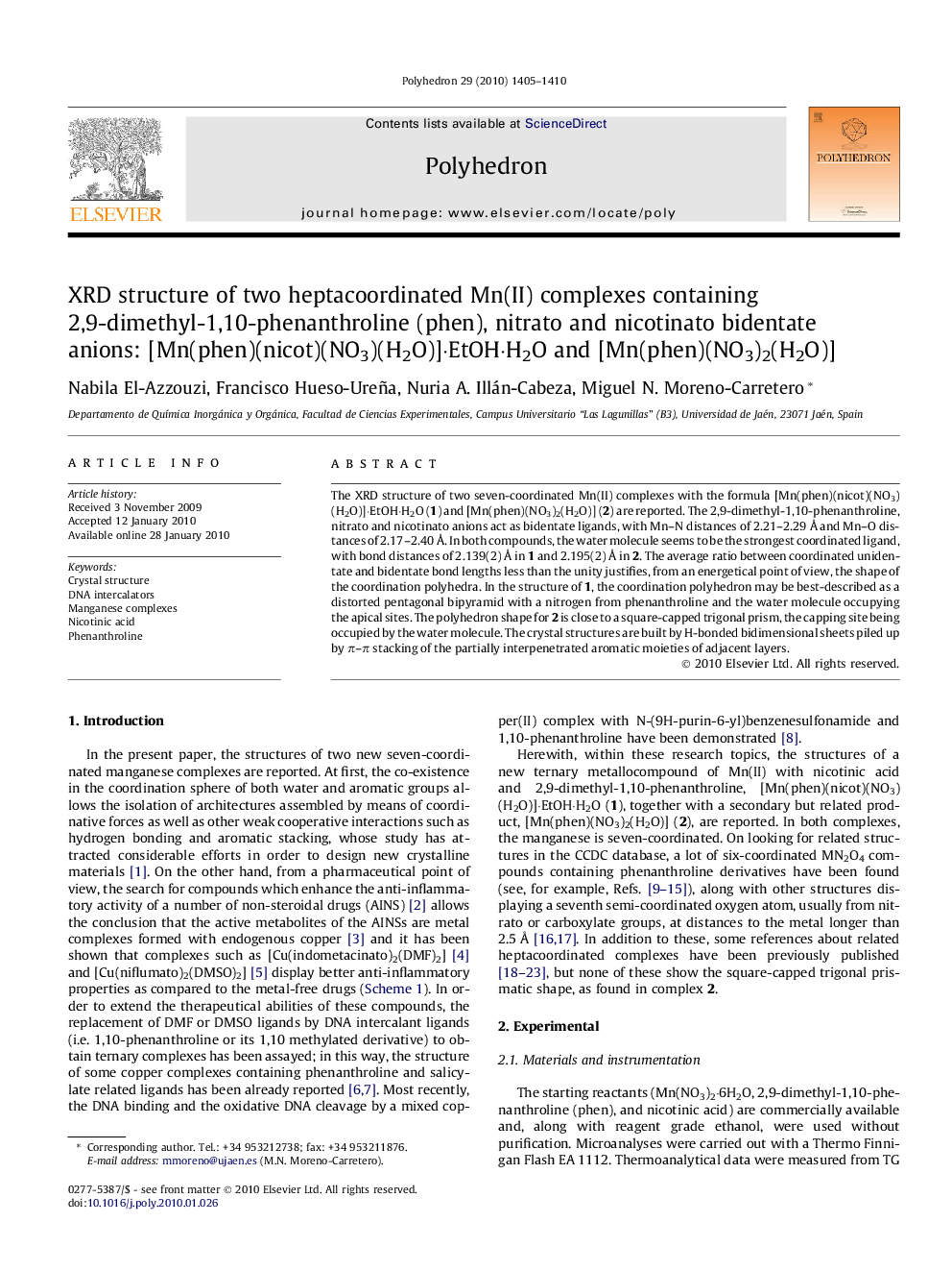 XRD structure of two heptacoordinated Mn(II) complexes containing 2,9-dimethyl-1,10-phenanthroline (phen), nitrato and nicotinato bidentate anions: [Mn(phen)(nicot)(NO3)(H2O)]Â·EtOHÂ·H2O and [Mn(phen)(NO3)2(H2O)]