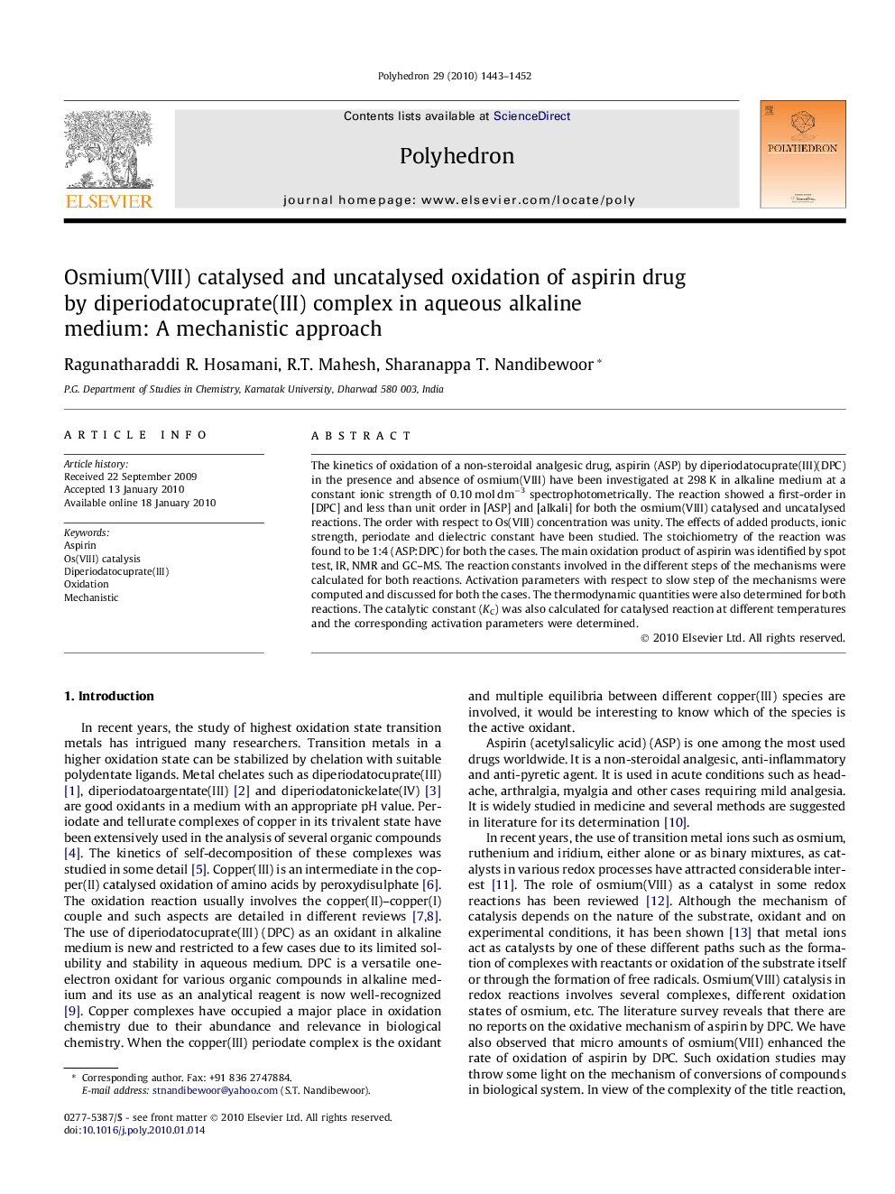 Osmium(VIII) catalysed and uncatalysed oxidation of aspirin drug by diperiodatocuprate(III) complex in aqueous alkaline medium: A mechanistic approach