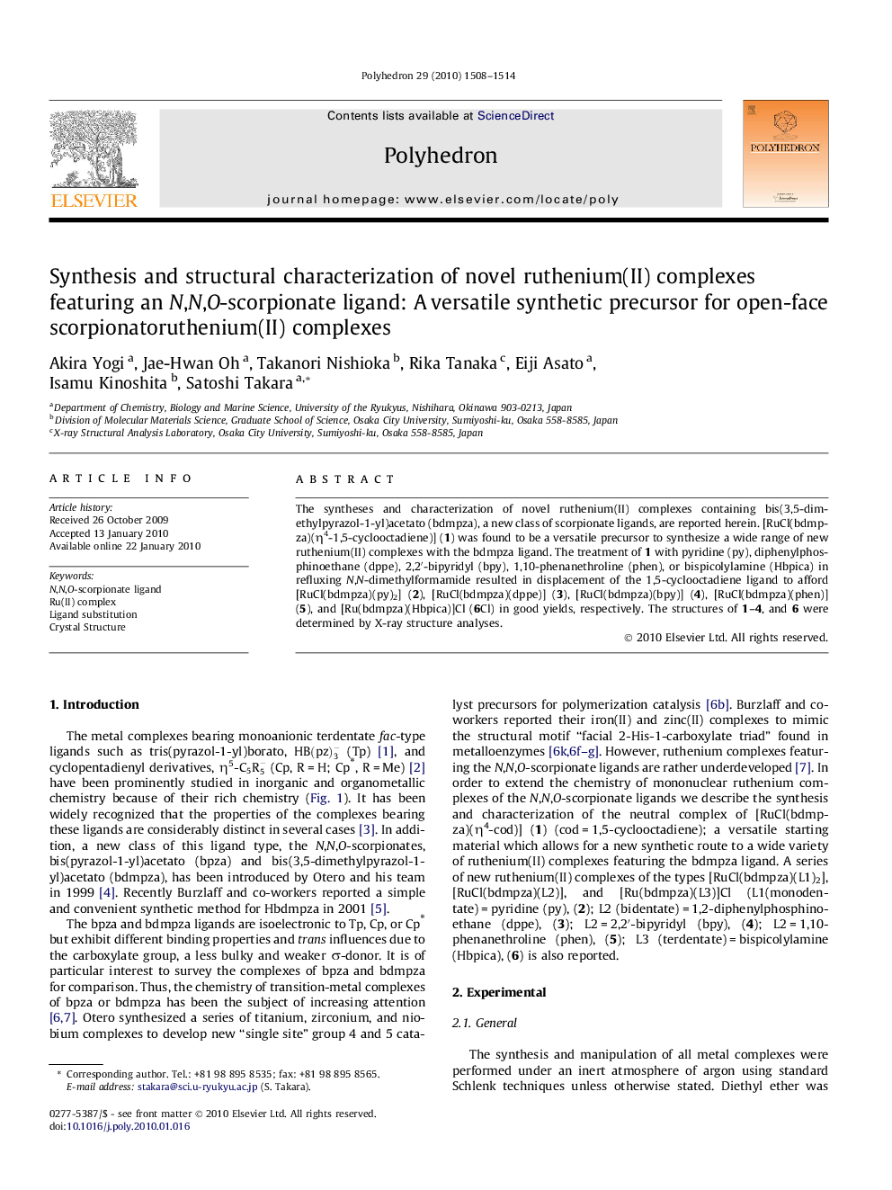 Synthesis and structural characterization of novel ruthenium(II) complexes featuring an N,N,O-scorpionate ligand: A versatile synthetic precursor for open-face scorpionatoruthenium(II) complexes