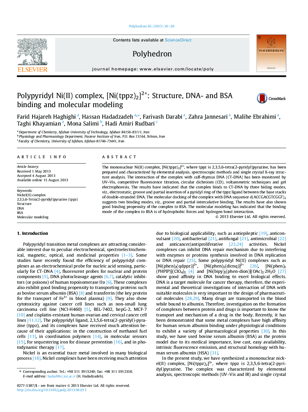 Polypyridyl Ni(II) complex, [Ni(tppz)2]2+: Structure, DNA- and BSA binding and molecular modeling