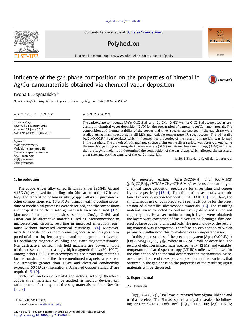عکس صفحه اول مقاله: Influence of the gas phase composition on the properties of bimetallic Ag/Cu nanomaterials obtained via chemical vapor deposition Influence of the gas phase composition on the properties of bimetallic Ag/Cu nanomaterials obtained via chemical vapor deposition
