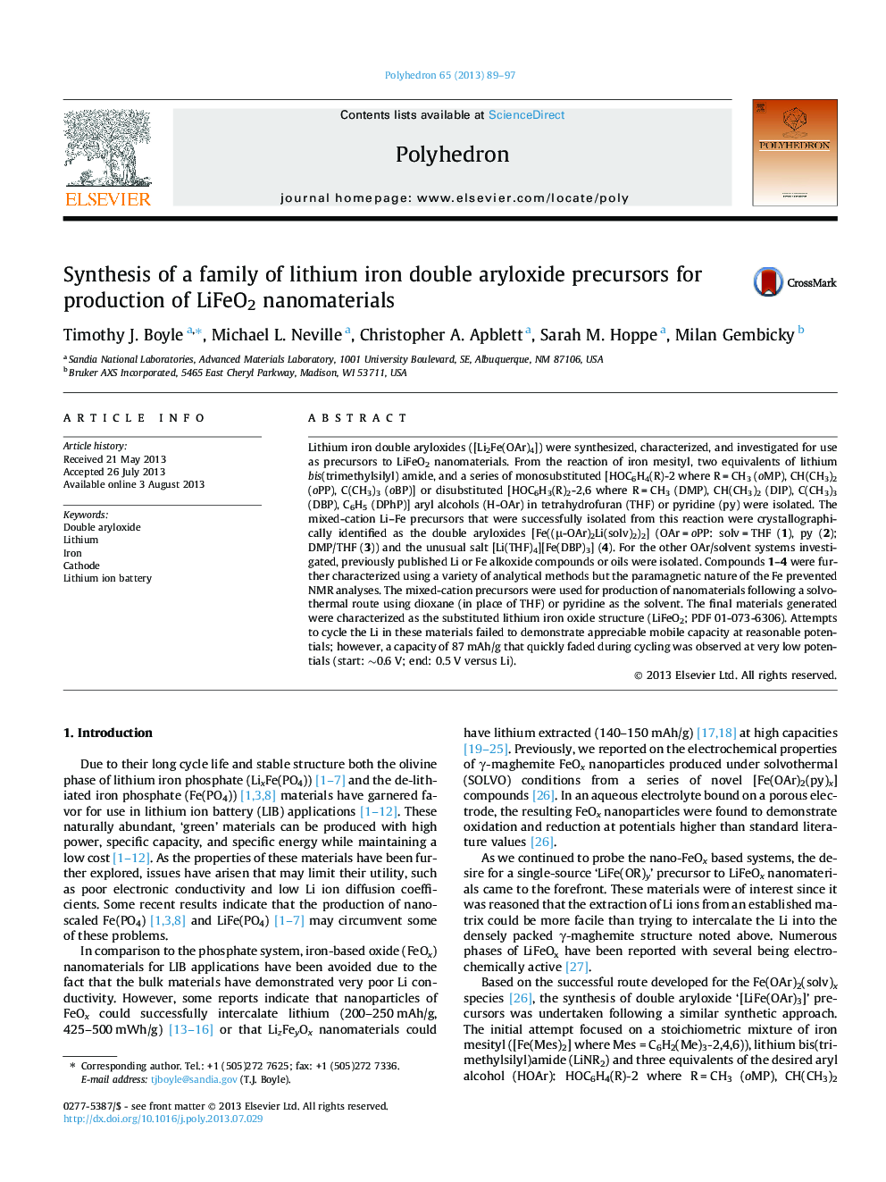 عکس صفحه اول مقاله: Synthesis of a family of lithium iron double aryloxide precursors for production of LiFeO2 nanomaterials Synthesis of a family of lithium iron double aryloxide precursors for production of LiFeO2 nanomaterials