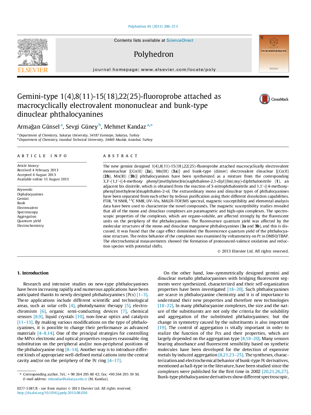 عکس صفحه اول مقاله: Gemini-type 1(4),8(11)-15(18),22(25)-fluoroprobe attached as macrocyclically electrovalent mononuclear and bunk-type dinuclear phthalocyanines Gemini-type 1(4),8(11)-15(18),22(25)-fluoroprobe attached as macrocyclically electrovalent mononuclear and bunk-type dinuclear phthalocyanines