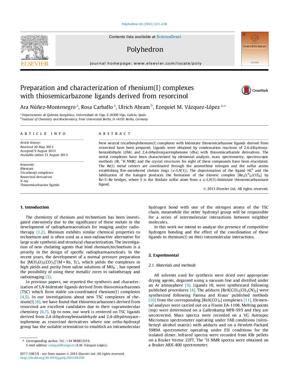 Preparation and characterization of rhenium(I) complexes with thiosemicarbazone ligands derived from resorcinol