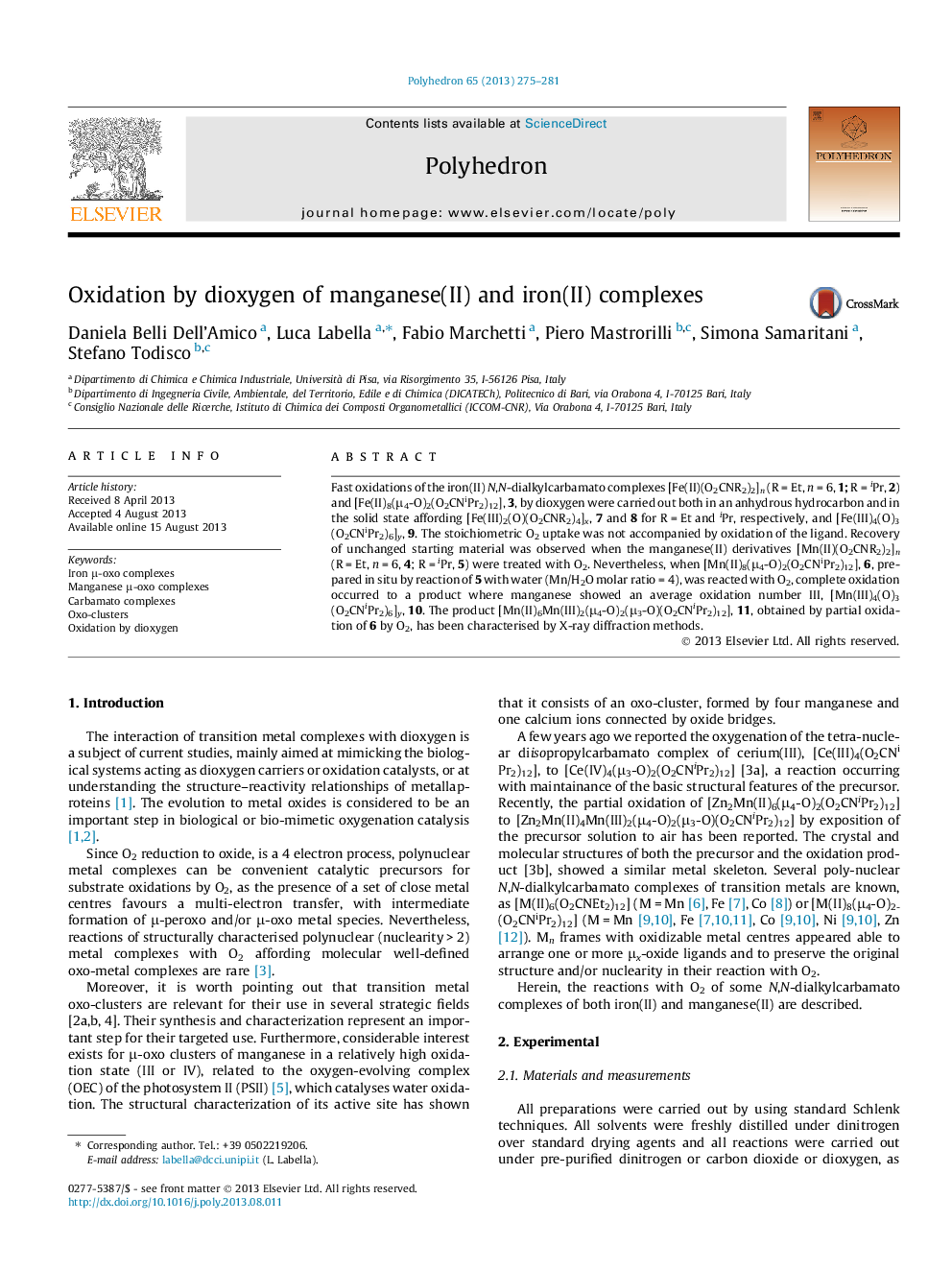 عکس صفحه اول مقاله: Oxidation by dioxygen of manganese(II) and iron(II) complexes Oxidation by dioxygen of manganese(II) and iron(II) complexes