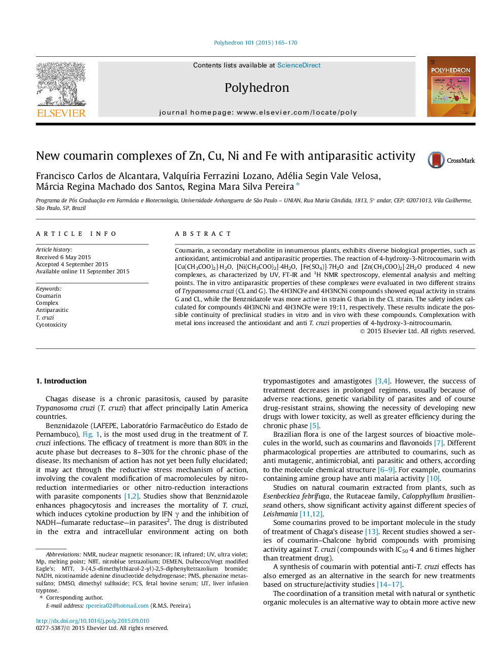 New coumarin complexes of Zn, Cu, Ni and Fe with antiparasitic activity