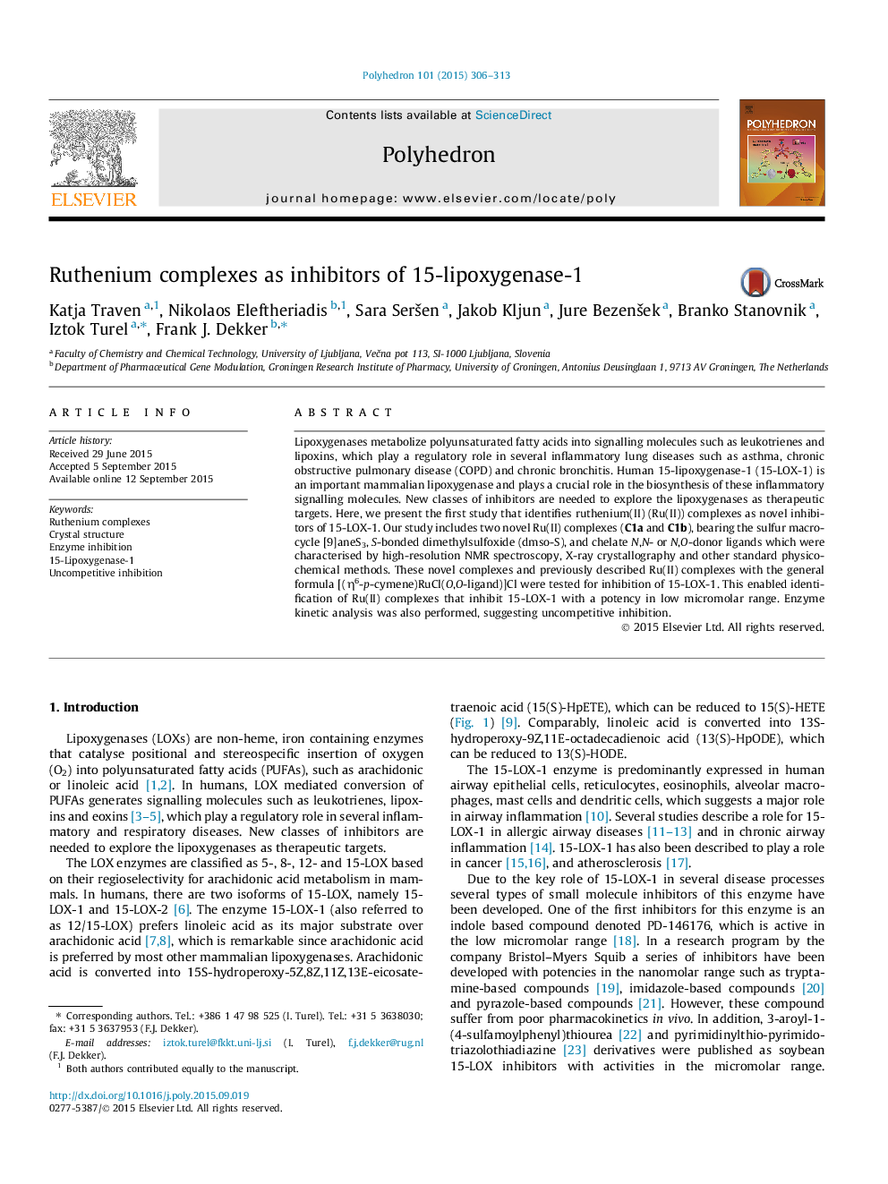 Ruthenium complexes as inhibitors of 15-lipoxygenase-1